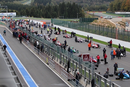 Teams prepare for Race 1 on the starting grid at Spa Francorchamps.