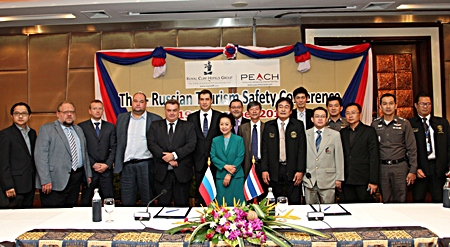 On November 19, 2012, the Thai-Russian Safety Conference was held at the Royal Cliff Hotels Group in Pattaya, Thailand which also serves as the official location of the Honorary Consul of The Russian Federation in Pattaya. (L to R) Athapol Vannakit, Director of TAT Pattaya Office; Vladimir Romanov, Acting Trade Representative of the Russian Federation to Thailand; Roman Bobylev, Head of the Working Group on Tourists Protection Abroad of the Public Chamber of the Russian Federation; Dmitry Davydenko, Chairman of the Tourism Safety Commission, Public Council of the Federal Tourism Agency of the Russian Federation; Counselor Andrey Dvornikov, Head of the Consular Section, Embassy of the Russian Federation to Thailand; Evgeny Pisarevsky, Deputy Head of the Federal Tourism Agency of the Russian Federation; Panga Vathanakul, Honorary Consul of the Russian Federation to the provinces of Chonburi and Rayong, the Kingdom of Thailand; Victor Kriventsov, Deputy Honorary Consul of the Russian Federation; Dr. Prathan Surakitbovorn, Chief of Chonburi Governor’s Office; Pattaya Deputy Mayor Ronakit Ekasingh; Sanpech Supabowornsthian, Vice-President of THA Thanet Supornsahasrungsi, Committee of the Tourism Council of Thailand Pol. Lt. Col. Arun Promphan, Pattaya Tourist Police Inspector; Sinchai Wattanasartsathorn, Vice President of Pattaya Business and Tourism Association (PBTA); Pol. Lt. Col. Anek Srathongyoo, Crime Control Suppression Inspector of Pattaya City Police Station; and Phumpipat Kamolnart, Secretary of the Mayor of Pattaya.