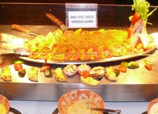 “While I was desecrating my tomato basket, Madame was enjoying the herb encrusted salmon which was over by the BBQ grill section.”