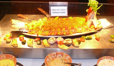 “While I was desecrating my tomato basket, Madame was enjoying the herb encrusted salmon which was over by the BBQ grill section.” 