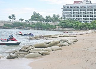 Senior Department of Marine and Coastal Resources officials state that erosion of local beaches has accelerated, as shown here at the Dusit curve in North Pattaya. More studies are being done, when many feel it is time for action instead of words.