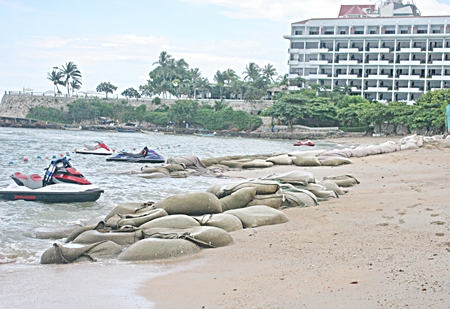 Senior Department of Marine and Coastal Resources officials state that erosion of local beaches has accelerated, as shown here at the Dusit curve in North Pattaya.  More studies are being done, when many feel it is time for action instead of words.