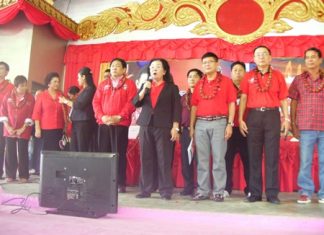 Local red shirt leaders take to the stage to “teach” their political platform.