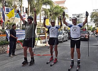 Kalle Kristensen (center) and team members Peten Fagerlund (left) and Kjell isak Sundbo (right) arrive at the New Nordic Resort after having rolled 1,000 kilometers from Chiang Rai in 12 days.