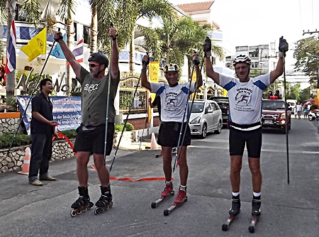 Kalle Kristensen (center) and team members Peten Fagerlund (left) and Kjell isak Sundbo (right) arrive at the New Nordic Resort after having rolled 1,000 kilometers from Chiang Rai in 12 days. 