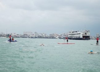 Strong swimmers compete in the 3.5km swim across the bay from the Siam Bayshore Beach across to Chaba Beach during the last event.