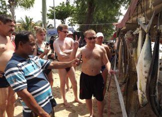 Foreign tourists marvel at the assortment of different fish on display.