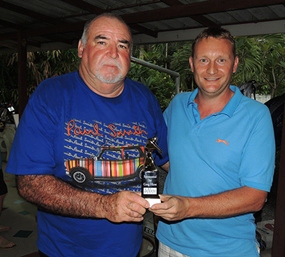 Paul Kelly (left) is presented with his medal trophy by the sponsor, Greg Hirst of DeVere. 