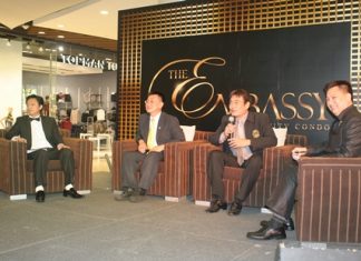 (From left) Apichart Prasithrit, MD of Angel Ken & Sky Co., Ltd, Dr. Sophon Pornchokchai, CEO of Agency for Real Estates Affairs (AREA), and Ronakit Ekaingh, deputy mayor of Pattaya City, speak at the Central Festival Pattaya Beach seminar on November 9.