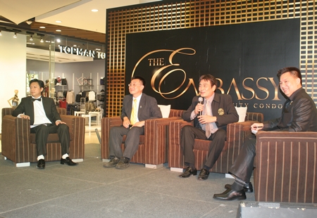 (From left) Apichart Prasithrit, MD of Angel Ken & Sky Co., Ltd, Dr. Sophon Pornchokchai, CEO of Agency for Real Estates Affairs (AREA), and Ronakit Ekaingh, deputy mayor of Pattaya City, speak at the Central Festival Pattaya Beach seminar on November 9. 