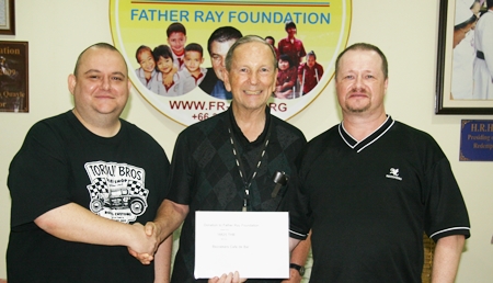 Regular Dutch visitors to Pattaya Gerwin Storcken (left) and Martin Roebroek (right) always make sure they have time to visit the Father Ray Foundation to present a donation on behalf of the customers of the Café de Bar in the Dutch town of Buchten. Brother Denis Gervais, Vice President of the Father Ray Foundation, was on hand to meet the visitors and accept the donation on behalf of the 850 children and students being supported by Pattaya’s largest charitable organization. Regular Dutch visitors to Pattaya Gerwin Storcken (left) and Martin Roebroek (right) always make sure they have time to visit the Father Ray Foundation to present a donation on behalf of the customers of the Café de Bar in the Dutch town of Buchten. Brother Denis Gervais, Vice President of the Father Ray Foundation, was on hand to meet the visitors and accept the donation on behalf of the 850 children and students being supported by Pattaya’s largest charitable organization.