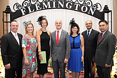 H.E. James Wise, Australian Ambassador to Thailand was guest of honour at the annual “Melbourne Cup 2012” charity event held at the Amari Watergate Bangkok recently. The affair organized by the Australian and New Zealand Woman’s Group (ANZWG) under the leadership of President Anne Sidwell, raised funds to support the Northern Mobile Dental Clinic based at Mae Sariang Hospital under the Smiles on Wings Project. (l-r) Pierre Andre Pelletier, the hotel’s GM, Leanne Whittingham, Anne Sidwell, H.E. James Wise, Kirsty Gardner, Alex Siju, the hotel’s EAM and Chewin Mitpirom, Director of F&B.