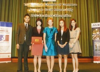 For a third consecutive year, Hemaraj Land and Development Plc., a leading developer of world class industrial estates in Thailand, was awarded Corporate Social Responsibility 2012 Excellence Recognition by the American Chamber of Commerce (AMCHAM). H.E. Kristie A. Kenny (center), Ambassador of the United States of America poses with Siyaphas Chantachairoj (2nd left) Director - Corporate Marketing and Residential Customer Development and executives of Hemaraj at the Award Presentation.