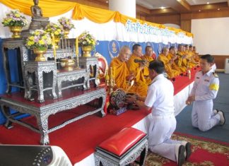 Monks perform religious ceremonies as top navy officials mark the Royal Thai Fleet’s 89th Founder’s Day.