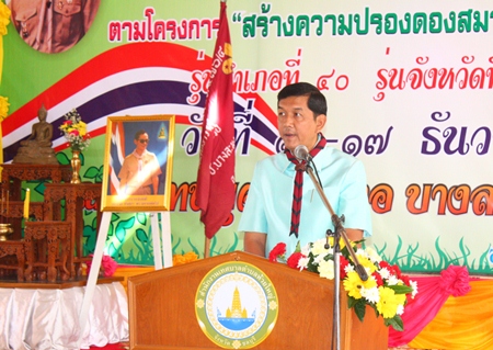 Banglamung Mayor Chaowalit Saeng-Uthai presides over last week’s Village Scouts training in Banglamung. 