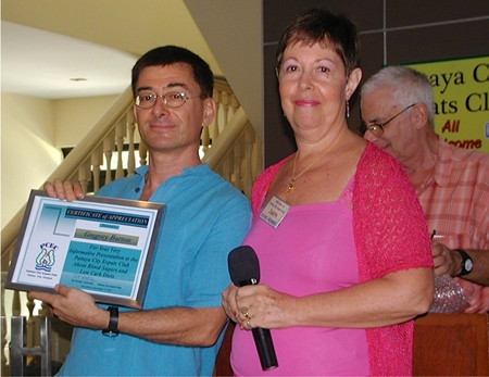 Board Member Judith presents Greg with a Certificate of Appreciation for his very informative presentation.