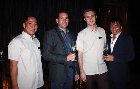 (L to R) Hilton Pattaya Marketing Communications Manager Dhaninrat Klinhom, General Manager Philippe Kronberg, Food & Beverage Manager Simon Bender, and Terry Terayama. 