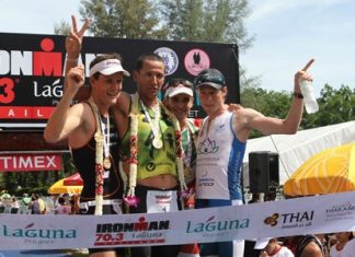A testimony to Thanyapura's dedication to excellence: Tim Meyer (far right) stands proudly on the podium having secured a third place position at the Phuket Ironman 70.3 Triathlon.