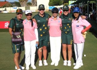 The Thai Ladies triples team of Orawan Sodok, Songsin Tsao and Thong Oomen pose with their Australian counterparts, Karen Murphy, Natasha van Eldick and Lynsey Armitage.