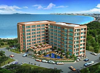 An artist’s impression shows the completed Bang Saray Beach Condominium project by developer CW Asset Co.