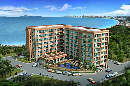 An artist’s impression shows the completed Bang Saray Beach Condominium project by developer CW Asset Co.