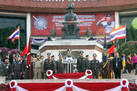 National Police Chief Adul Saengsingkaew (center), flanked by top deputies from Bangkok, top Chonburi police officials and Mayor Itthiphol Kunplome, orders nearly 600 area police officers to crack down on crime during the heart of Pattaya’s high-season.