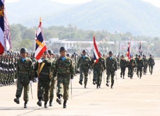 Armed forces in Sattahip march to commemorate Armed Forces Day.