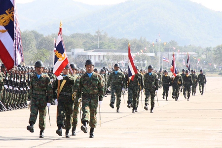 Armed forces in Sattahip march to commemorate Armed Forces Day.