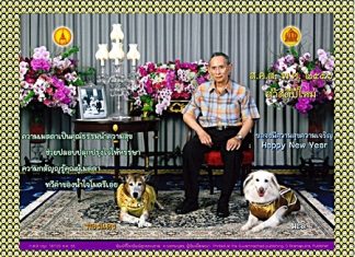 The 2013 royal new year greeting card shows His Majesty the King wearing a casual outfit flanked by his beloved royal pets, Khun Thongdaeng and Khun Mali. His Majesty’s poem on the card speaks of compassion which is a virtue and can bring happiness to all. The gratitude expressed to those who extend their compassion will add to ties of care and friendship between people. Small human smiling faces frame the postcard. (Photo: Courtesy Bureau of the Royal Household)