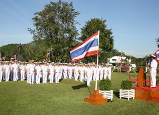 Vice Adm. Chainarong Charoenrak leads officers and sailors in celebrations for the Sattahip Naval Base’s 90th anniversary.