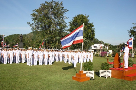 Vice Adm. Chainarong Charoenrak leads officers and sailors in celebrations for the Sattahip Naval Base’s 90th anniversary. 