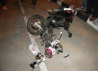 There isn’t much left of the Yamaha Fino after it hit a Honda Accord on the 3rd Road overpass near Bali Hai.