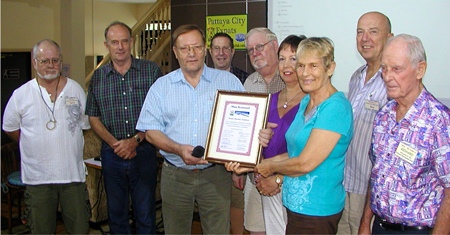 Pattaya City Expats Club Board Chairman Pat Koester thanks Max Rommel for his many years of service on the PCEC Board. With many new responsibilities with Rotary, etc, Max felt it best to resign from the board for the time being. Pat presented Max with a certificate recognising his new title ‘’Board Member Emeritus”.