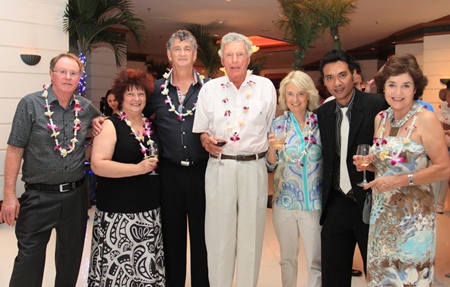 Royal Cliff Grand Hotel’s Deputy Resident Manager Kritayos Setteemud is enjoying a glass of wine with a group of regular guests, from left: Mr. Earnshaw, Mrs. Blogg, Mr. Blogg; from right: Mrs. Earnshaw, third from right Charlotte Louise Andrina Waddington & fourth from right Robert Lincoln