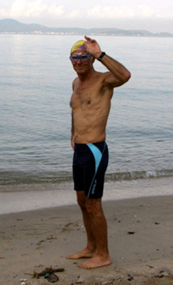 Andre prepares for his marathon swim.