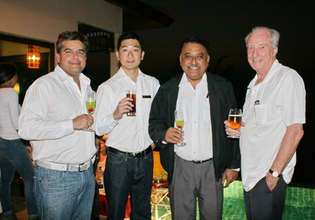 GM Tomo Kuriyama (2nd left) welcomes the Pattaya Mail team of Tony Malhotra (left), Peter Malhotra (2nd right) and Dr. Ian Corness (right) to the press meet and greet party.