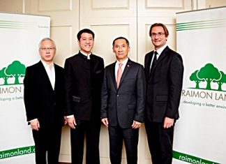(From left) Raimon Land Directors Johnson Tan and Lionel Lee pose with company Chairman, Pradit Phataraprasit, and Chief Executive Officer, Hubert R Viriot.
