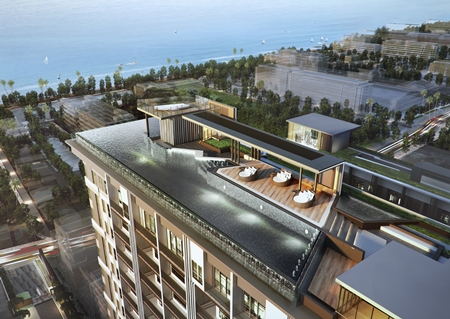 An artist’s drawing shows the rooftop pool and spectacular sea view from The Base condominium in central Pattaya.