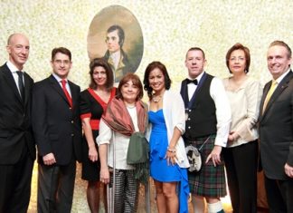 The Bangkok St. Andrews Society organised a “Burns Supper 2013” at the Amari Watergate Bangkok recently. Guests included (l-r) British Ambassador H.E. Mark Kent, Chilean Ambassador H.E. Javier Becker, Ana Becker, Martine Kent, Mrs. Phenix, Paul Phenix (Chieftain), Nahathai Puntongdee, Marketing & Communication Manager, Air France and Pierre-Andre Pelletier, the hotel’s GM.