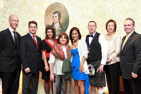 The Bangkok St. Andrews Society organised a “Burns Supper 2013” at the Amari Watergate Bangkok recently. Guests included (l-r) British Ambassador H.E. Mark Kent, Chilean Ambassador H.E. Javier Becker, Ana Becker, Martine Kent, Mrs. Phenix, Paul Phenix (Chieftain), Nahathai Puntongdee, Marketing & Communication Manager, Air France and Pierre-Andre Pelletier, the hotel’s GM.