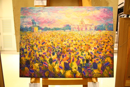 Oil painting expressing the history of Thai citizens travelling to communities to express loyalty to HM the King on his 60th coronation anniversary.