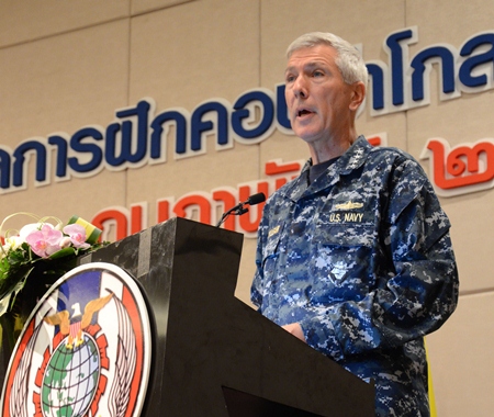 U.S. Navy Adm. Samuel J. Locklear, III, the commander of U.S. Pacific Command, addresses representatives from multiple nations during the opening ceremony of Exercise Cobra Gold 2013 in Chiang Mai, Feb. 11. Multinational involvement in Exercise Cobra Gold 2013 demonstrates the commitment between partner nations to building military-to-military interoperability with and to supporting peace and stability in the Asia-Pacific region. (U.S. Army photo by Spc. Catherine Sinclair/Released)