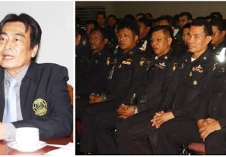 Deputy Mayor Ronakit Ekasingh (left) addresses Pattaya’s 240 municipal officers, reminding them they must show respect to residents and tourists while maintaining peace and order in the city.
