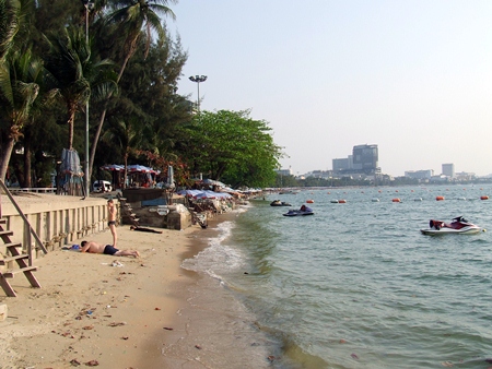 The present state of Pattaya Beach where erosion has practically left the beach with no sand at high tide.
