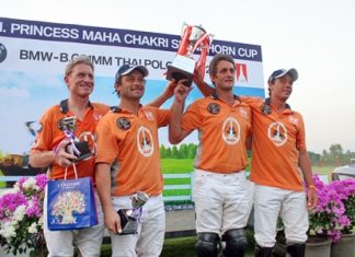 The victorious Thai Polo team raise the HRH Princess Maha Chakri Sirindhorn Cup after winning an exciting final at the BMW- B.Grimm Thai Polo Open.