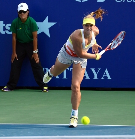 Sabine Lisicki serves to Marina Erakovic during her quarter-final match, Friday, Feb. 1.