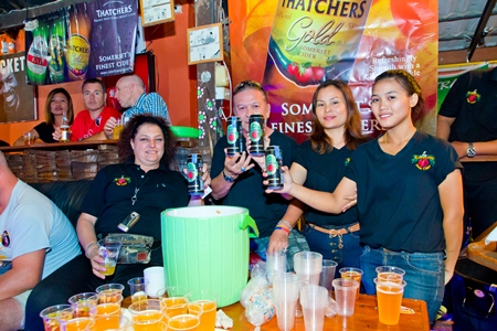 Staff at the Kepplers Cider station (left) were kept busy throughout the evening.