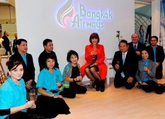 HRH Princess Ubolratana Rajakanya Siri Vadhana Phannavadi presided over the 45th Anniversary celebrations of Bangkok Airways at the fairground of Internationale Tourismus Boerse 2013 (ITB) held in Berlin, Germany recently. HRH the Princess was welcomed by Bangkok Airways President - Capt. Puttipong Prasarttong-Osoth (2nd right) together with Peter Wiesner Senior Vice President - Network Management, M.L. Nandhika Varavarn, Vice President - Corporate Communications and Ariya Prasarttong-Osoth, Vice President - Sales, and executives from Sales Department. Sorajak Kasemsuvan, President of Thai Airways International and Suraphon Svetasreni, Governor of the Tourism Authority of Thailand (TAT) also joined in the celebrations.