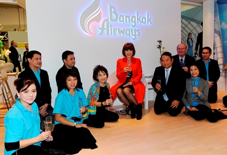 HRH Princess Ubolratana Rajakanya Siri Vadhana Phannavadi presided over the 45th Anniversary celebrations of Bangkok Airways at the fairground of Internationale Tourismus Boerse 2013 (ITB) held in Berlin, Germany recently. HRH the Princess was welcomed by Bangkok Airways President - Capt. Puttipong Prasarttong-Osoth (2nd right) together with Peter Wiesner Senior Vice President - Network Management, M.L. Nandhika Varavarn, Vice President - Corporate Communications and Ariya Prasarttong-Osoth, Vice President - Sales, and executives from Sales Department. Sorajak Kasemsuvan, President of Thai Airways International and Suraphon Svetasreni, Governor of the Tourism Authority of Thailand (TAT) also joined in the celebrations.