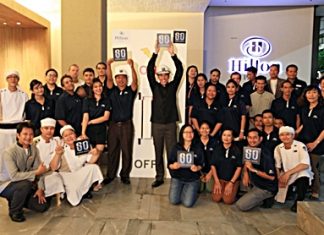 Hilton Pattaya GM Philippe Kronberg (centre right) and his staff marked Earth Hour 2013 from 8:30 p.m. to 9:30 p.m. local time on Saturday, March 23, 2013. Together with 3,900 hotels within the Hilton Worldwide portfolio of brands, citizens and organizations around the world, lights were turned off in support of action on global climate change.